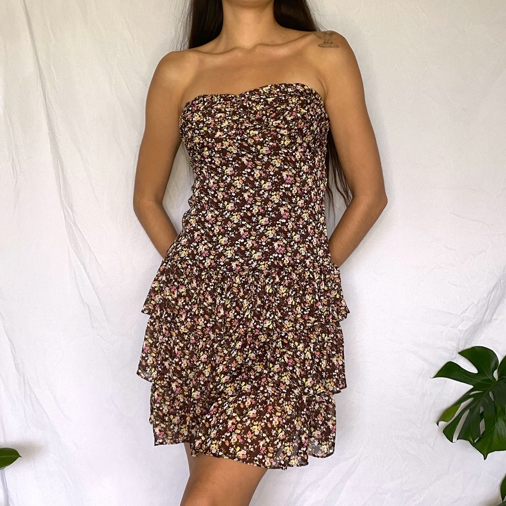 Vintage y2k Express fairy floral ruffled strapless midi dress